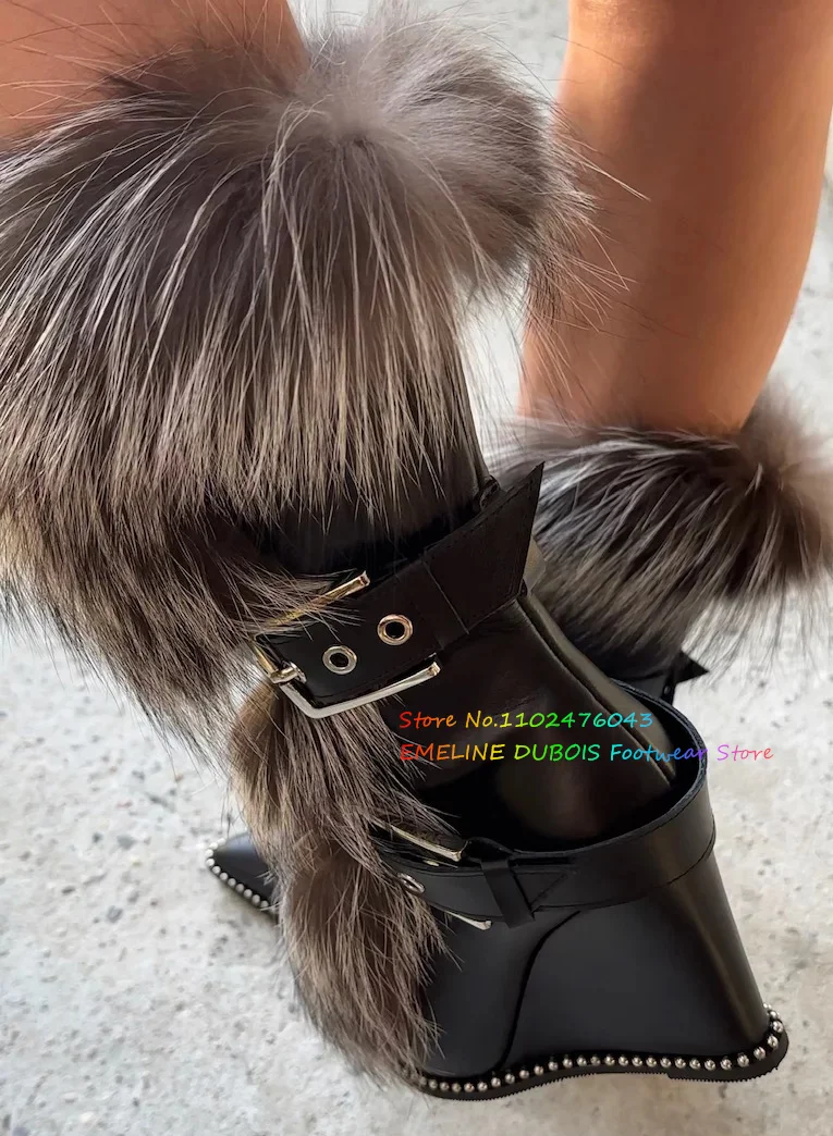 Real Fur Wedge Heel Mid Calf Boot Women Pointed Toe Furry Buckle Strap Elegant Girl Trendy Rivets Winter Warm Booties
Real Fur Wedge Heel Mid Calf Boot Women Pointed Toe Furry Buckle Strap Elegant Girl Trendy Rivets Winter Warm Booties