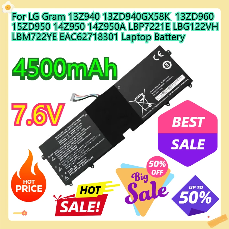 For LG Gram 13Z940 13ZD940GX58K 13ZD960 15ZD950 14Z950 14Z950A LBP7221E LBG122VH LBM722YE EAC62718301 Laptop Battery
For LG Gram 13Z940 13ZD940GX58K 13ZD960 15ZD950 14Z950 14Z950A LBP7221E LBG122VH LBM722YE EAC62718301 Laptop Battery