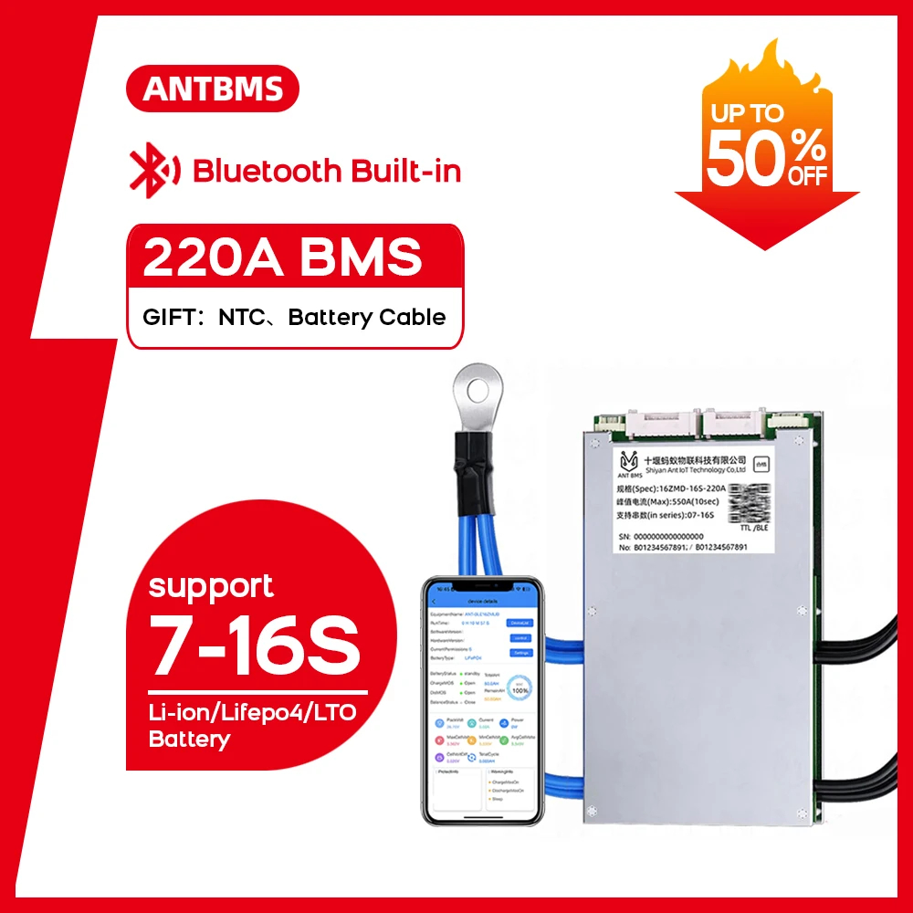 ANT Smart BMS 7S-16S 24V 36V 48V 60V Lifepo4 Li-ion BMS 220A peak 550A for E-bike E-motorcycles with Bluetooth and Balance
ANT Smart BMS 7S-16S 24V 36V 48V 60V Lifepo4 Li-ion BMS 220A peak 550A for E-bike E-motorcycles with Bluetooth and Balance