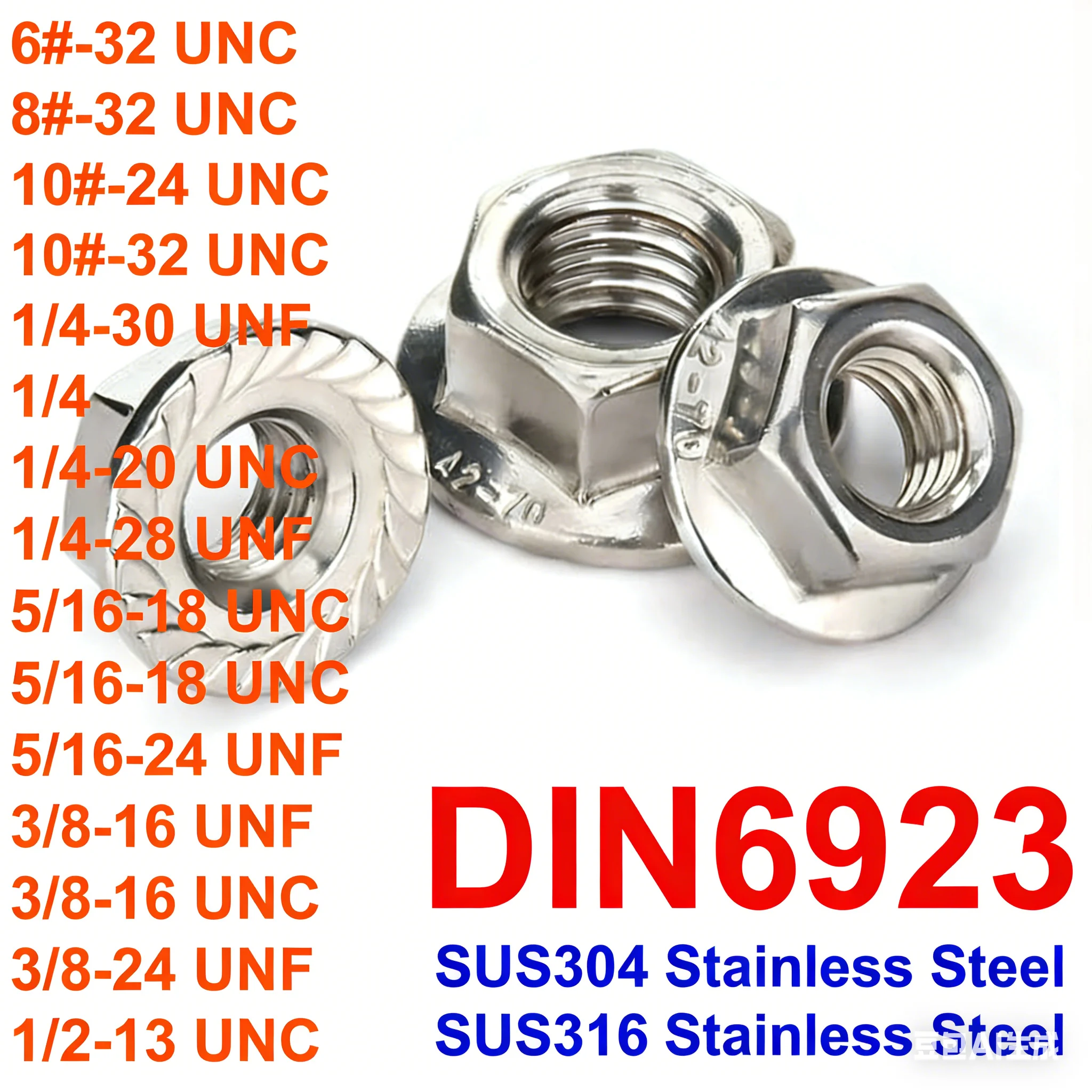 DIN6923 6# 8# 10# 1/4 5/16 3/8 1/2 UNC UNF A2/A4 Stainless Steel Hexagon Nuts with Flange Pinking Automatic Serrated Nuts
DIN6923 6# 8# 10# 1/4 5/16 3/8 1/2 UNC UNF A2/A4 Stainless Steel Hexagon Nuts with Flange Pinking Automatic Serrated Nuts
