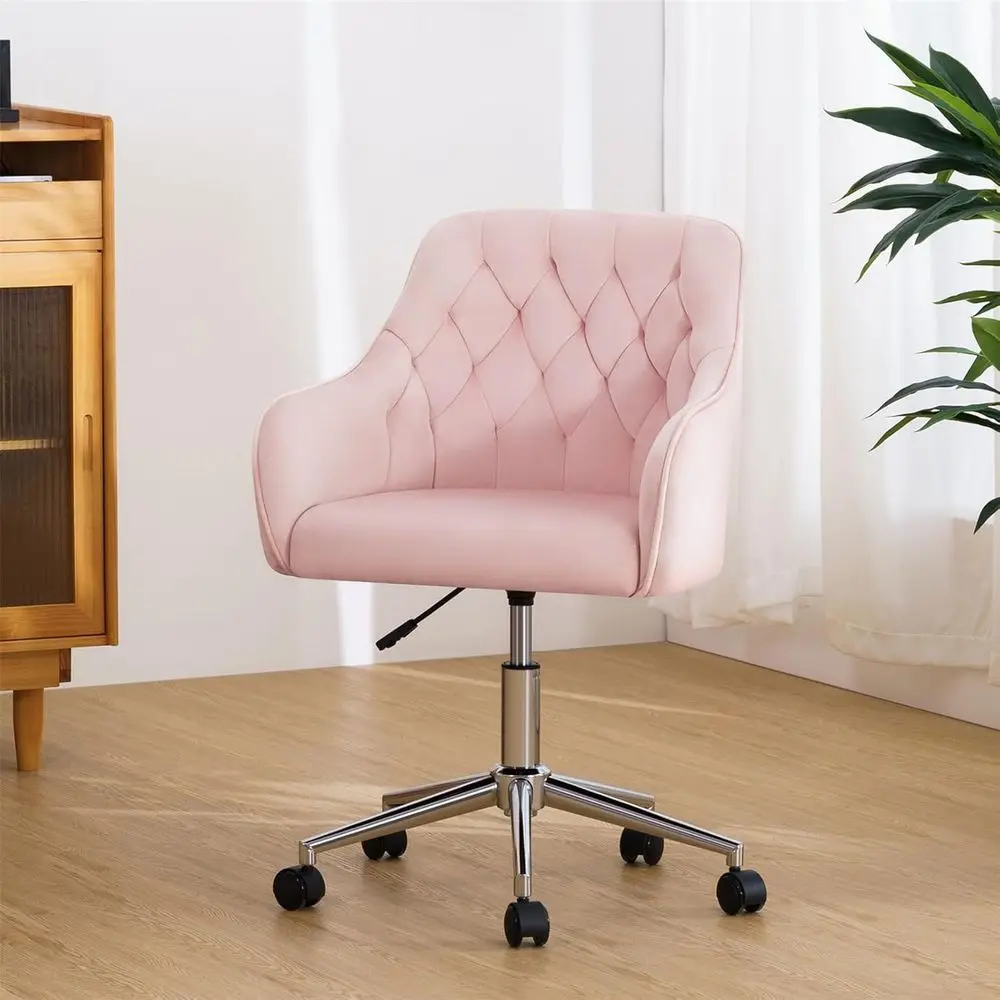 Cute Pink Upholstered Vanity Chair with Wheels for Bedroom or Home Office
Cute Pink Upholstered Vanity Chair with Wheels for Bedroom or Home Office