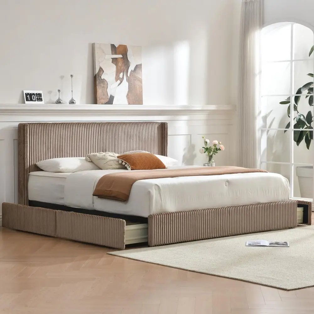 King Size upholstered Bed Frame with 4 Storage Drawers, Modern VerticalStriped wingback headboard, slatted Wood Support, Easy A
King Size upholstered Bed Frame with 4 Storage Drawers, Modern VerticalStriped wingback headboard, slatted Wood Support, Easy A