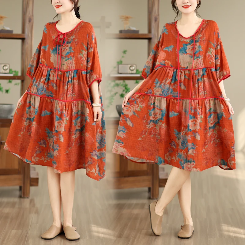 Summer Large Size Cotton Printed Dress Necktie Loose Flattering Slimming Versatile Women's Dress Artistic Style High Waist A-...
Summer Large Size Cotton Printed Dress Necktie Loose Flattering Slimming Versatile Women's Dress Artistic Style High Waist A-...