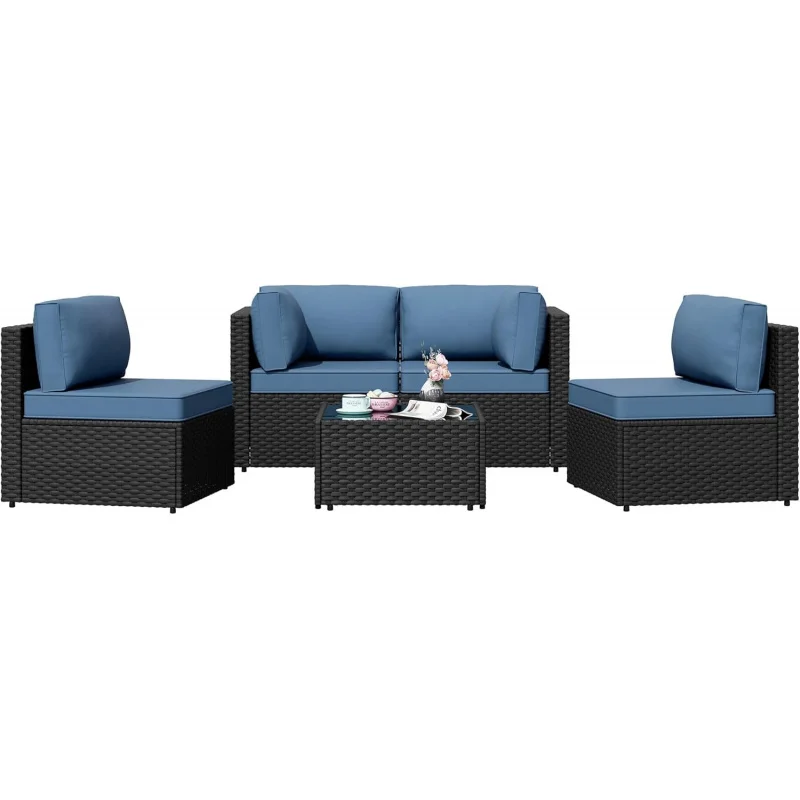 5-Piece Outdoor Patio Sectional Sofa Set, PE Wicker Conversation Furniture with Glass Coffee Table, Washable Blue Cushion
5-Piece Outdoor Patio Sectional Sofa Set, PE Wicker Conversation Furniture with Glass Coffee Table, Washable Blue Cushion