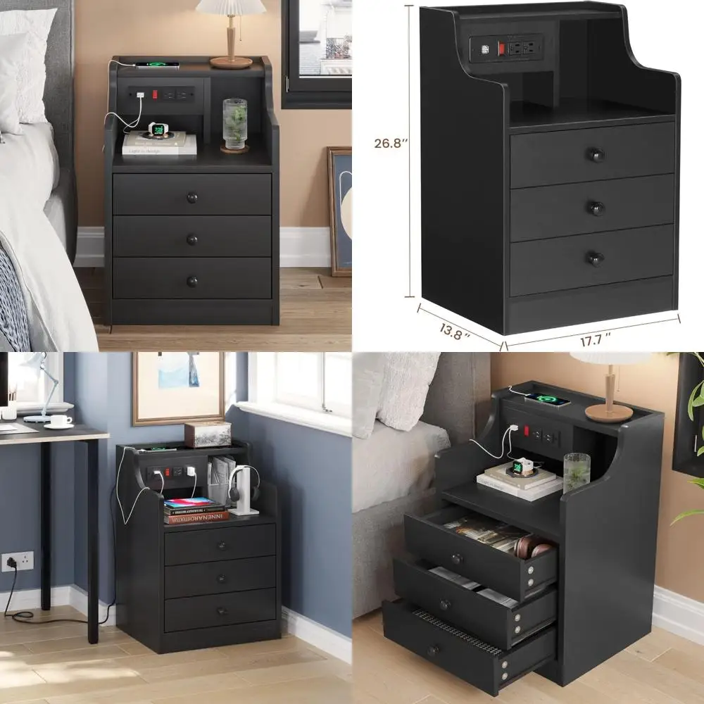 Charging Station Nightstand in Black for Bedroom, End Table with Storage Drawers and Hutch
Charging Station Nightstand in Black for Bedroom, End Table with Storage Drawers and Hutch