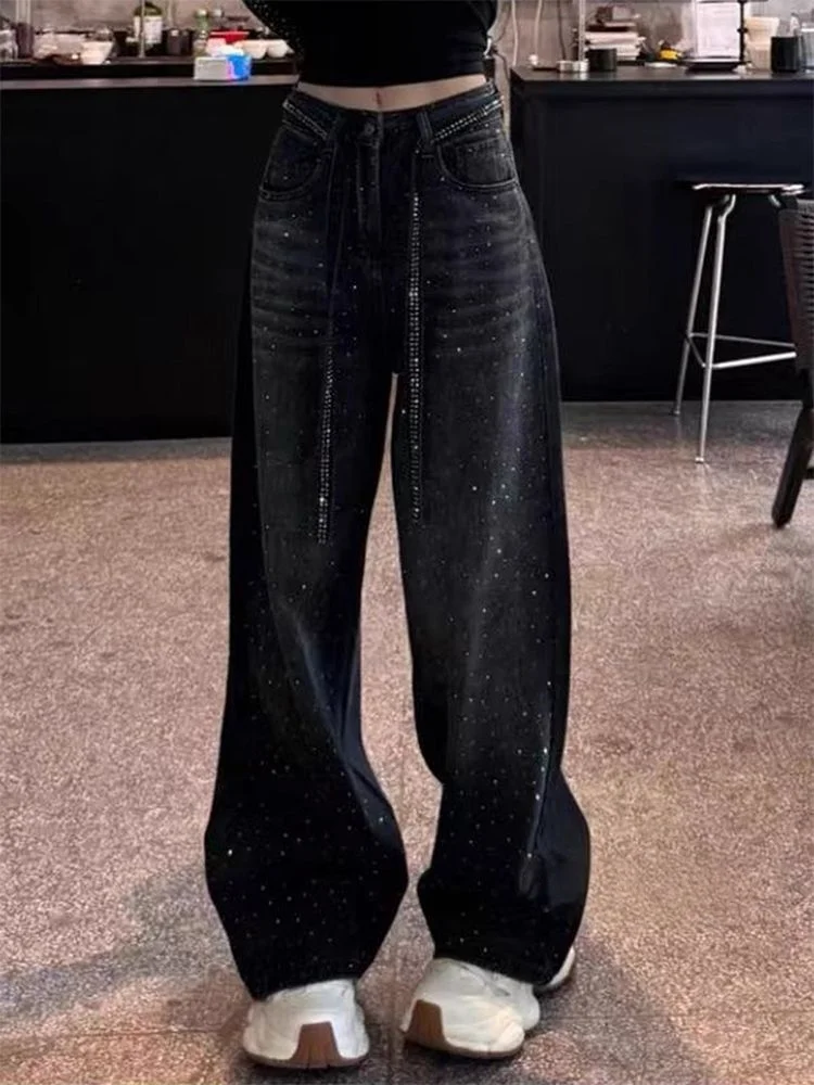 High Waist Wide Leg Denim Jeans Women's plus Size Bla Diamond Embellied Autumn Loose Fit Floor Length Pants
High Waist Wide Leg Denim Jeans Women's plus Size Bla Diamond Embellied Autumn Loose Fit Floor Length Pants