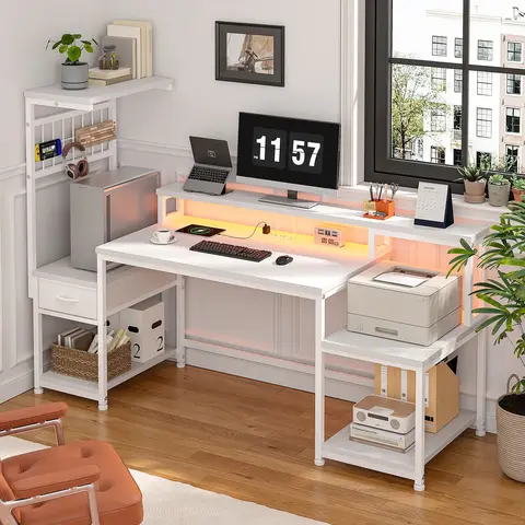 EnHomee 55“ LED Gaming Computer Desk with Power Outlets, Ergonomic Office Desk with Monitor Stand, Drawers & 3 Storage Shelves, Metal Frame Study Desk with Hooks for Home Office Bedroom