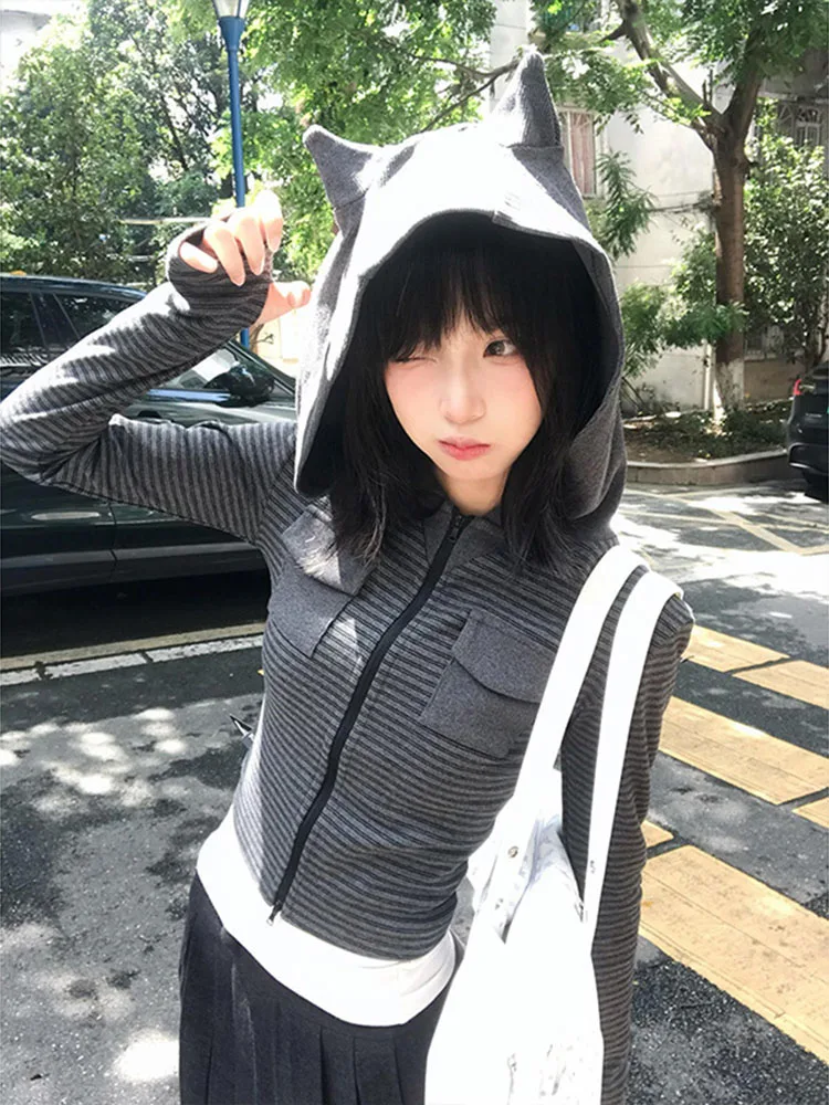 American Retro Hooded Open Cardigan Sweatshirt Jacket Women's Spring Autumn Slimming Grey Stripe Short Top Commute Style
American Retro Hooded Open Cardigan Sweatshirt Jacket Women's Spring Autumn Slimming Grey Stripe Short Top Commute Style