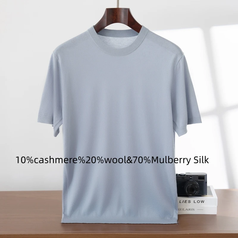 10% Cashmere&70% Mulberry Silk&20% Wool Knitted Short Sleeved Men's Round Neck Pullover Simple Summer New Solid Color T-Shirt
10% Cashmere&70% Mulberry Silk&20% Wool Knitted Short Sleeved Men's Round Neck Pullover Simple Summer New Solid Color T-Shirt