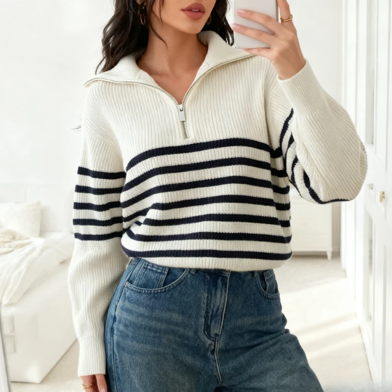 NEW Autumn Winter Retro Stripes Long Sleeve Semi-zipper Lapel Loose Women Sweater Casual Pullover Knitted Tops Fashion Clothes
NEW Autumn Winter Retro Stripes Long Sleeve Semi-zipper Lapel Loose Women Sweater Casual Pullover Knitted Tops Fashion Clothes