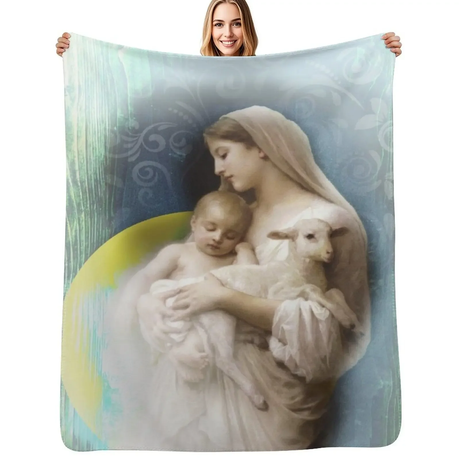 Mother with Baby and Lamb Jesus Virgin Mary Christian woman retrowave synth green yellow 80s pastel floral backgro Throw Blanket
Mother with Baby and Lamb Jesus Virgin Mary Christian woman retrowave synth green yellow 80s pastel floral backgro Throw Blanket