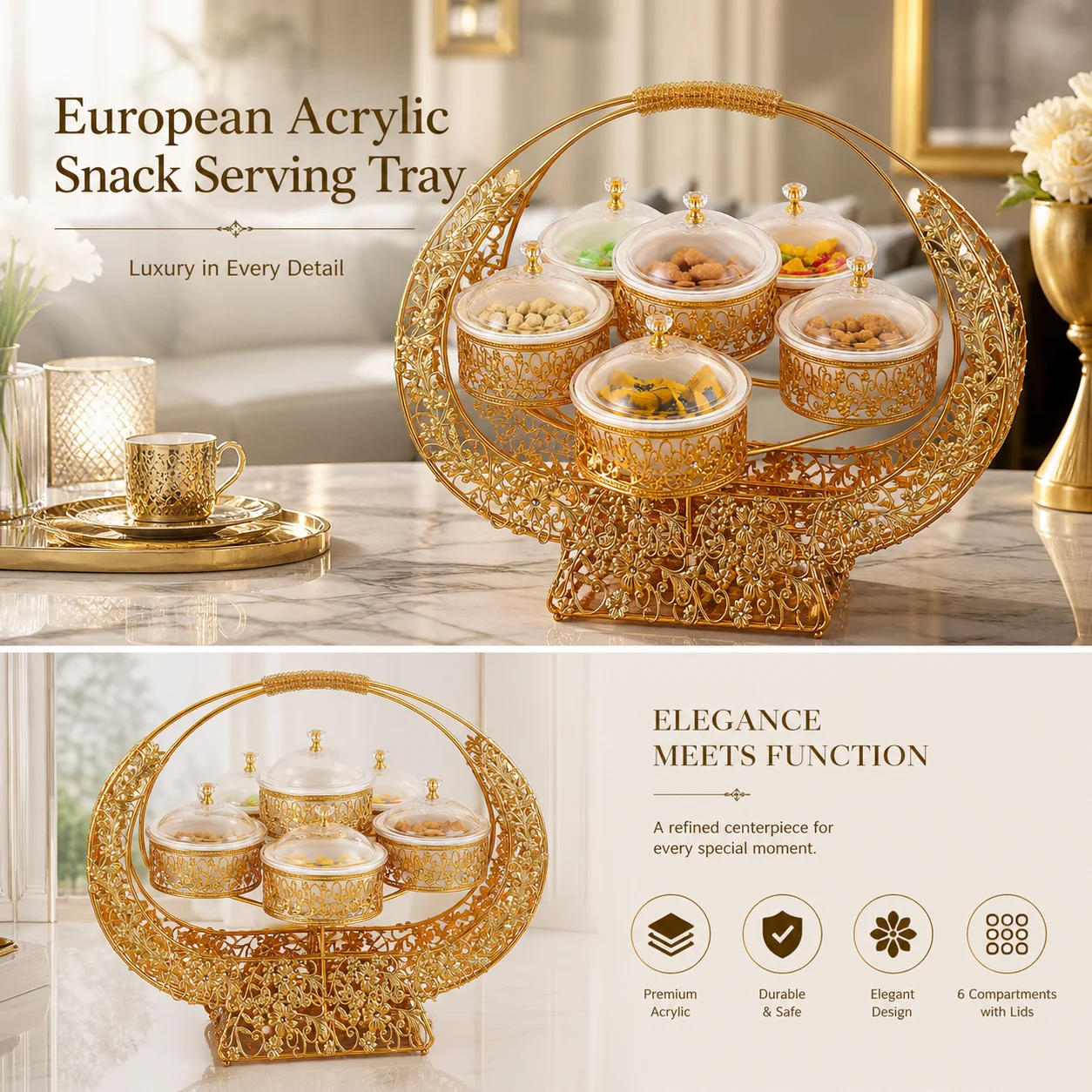 European Ornate Metal Nut Bowl Set Decorative Gold Desktop Stand for Party Wedding Centerpiece Holiday Serving Dish
European Ornate Metal Nut Bowl Set Decorative Gold Desktop Stand for Party Wedding Centerpiece Holiday Serving Dish