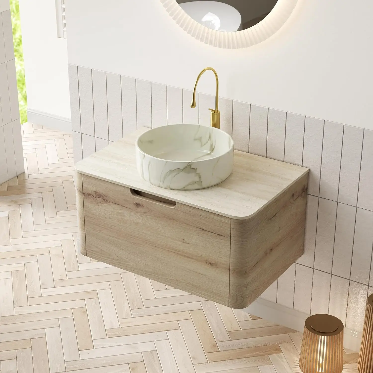 30" Floating Vanity Wall-Mounted Cabinet Travertine Stone Top Round Basin White Oak Customized
30" Floating Vanity Wall-Mounted Cabinet Travertine Stone Top Round Basin White Oak Customized
