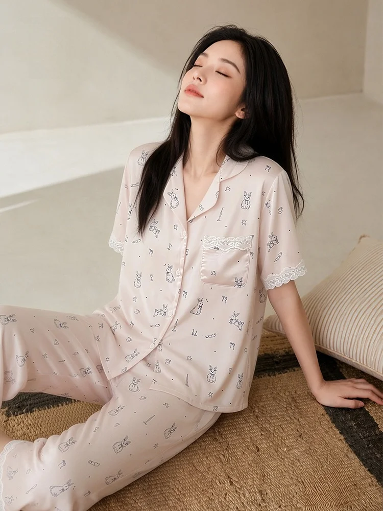 Pinkbread Lace Long-Eared Rabbit Ice Silk Short Sleeve Summer Sleepwear Women's Home Clothes Suitable for Outdoor Wear
Pinkbread Lace Long-Eared Rabbit Ice Silk Short Sleeve Summer Sleepwear Women's Home Clothes Suitable for Outdoor Wear