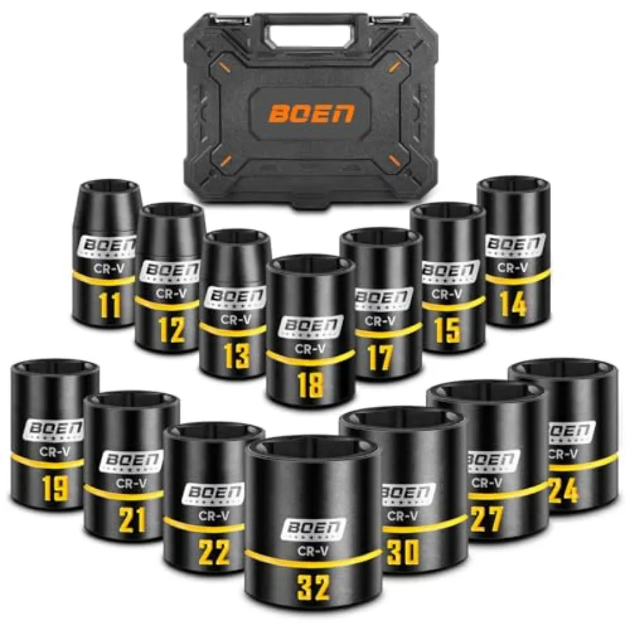1/2" Drive Shallow Impact Socket Set, Metric 11-32mm,6-Point with Yellow Embossed Marking, Cr-V Steel, Storage Box
1/2" Drive Shallow Impact Socket Set, Metric 11-32mm,6-Point with Yellow Embossed Marking, Cr-V Steel, Storage Box