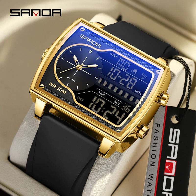 SANDA 6163 Силиконовый спортивный многофункциональный большой циферблат, 3-кратный военный светодиодный цифровой повседневный водонепроницаемый мужской Maleчасы мужские наручные 
SANDA 6163 Силиконовый спортивный многофункциональный большой циферблат, 3-кратный военный светодиодный цифровой повседневный водонепроницаемый мужской Maleчасы мужские наручные
