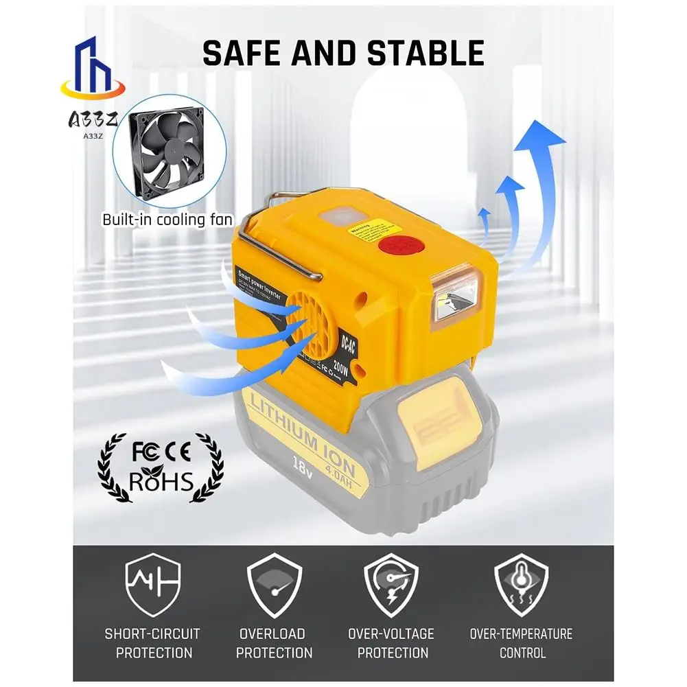 A33Z-200W Power Inverter For 20V Li- Battery To AC 120V With 280Lumen LED Work Light Durable Easy Install
A33Z-200W Power Inverter For 20V Li- Battery To AC 120V With 280Lumen LED Work Light Durable Easy Install