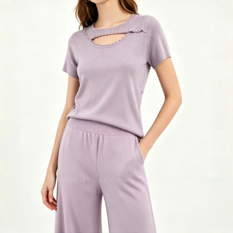 Korean Style Summer Ice Silk Knit Set for Women - Hollow-out Beaded Short Sleeve Top + High-waisted Wide Leg Pants
Korean Style Summer Ice Silk Knit Set for Women - Hollow-out Beaded Short Sleeve Top + High-waisted Wide Leg Pants