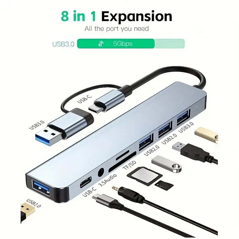 8-Port USB Hub with Dual Interface, USB 3.0 & 2.0, Micro SD/TF Card Reader, Mic/Audio Inputs - Compatible with Laptops
8-Port USB Hub with Dual Interface, USB 3.0 & 2.0, Micro SD/TF Card Reader, Mic/Audio Inputs - Compatible with Laptops
