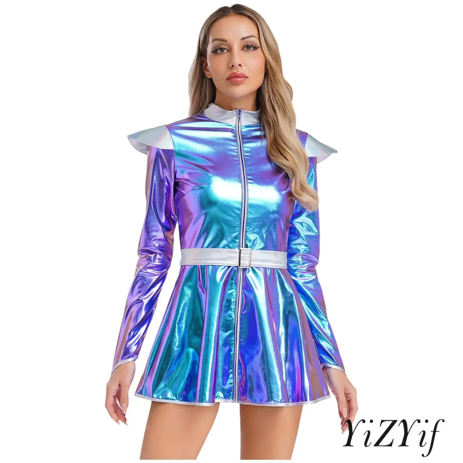 Женский костюм инопланетянина на Хэллоуин с длинными рукавами и молнией спереди, платье трапециевидной формы с поясом, блестящий металлический костюм космического робота-инопланетянина
Женский костюм инопланетянина на Хэллоуин с длинными рукавами и молнией спереди, платье трапециевидной формы с поясом, блестящий металлический костюм космического робота-инопланетянина