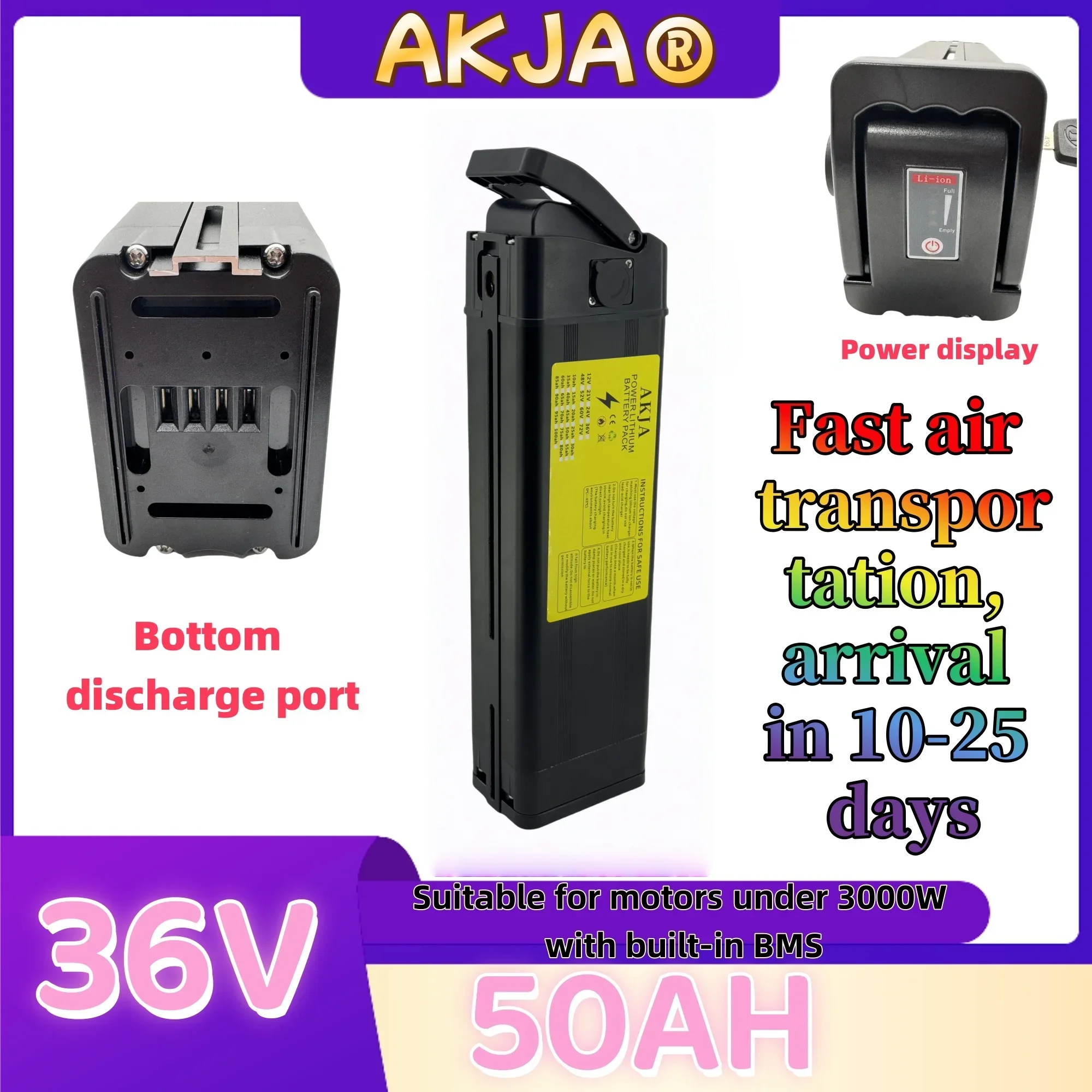 Air fast transportation 36V50AH 18650 high-capacity lithium battery pack Suitable for Silver Fish motors below 3000W
Air fast transportation 36V50AH 18650 high-capacity lithium battery pack Suitable for Silver Fish motors below 3000W