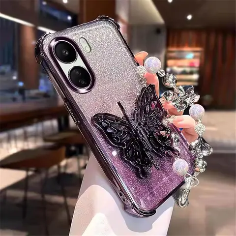 Custodia per telefono placcatura glitterata per iPhone X XS Max XR 7 8 6 6S Plus SE 2020 Supporto a farfalla Cordino da polso Custodia antiurto in silicone