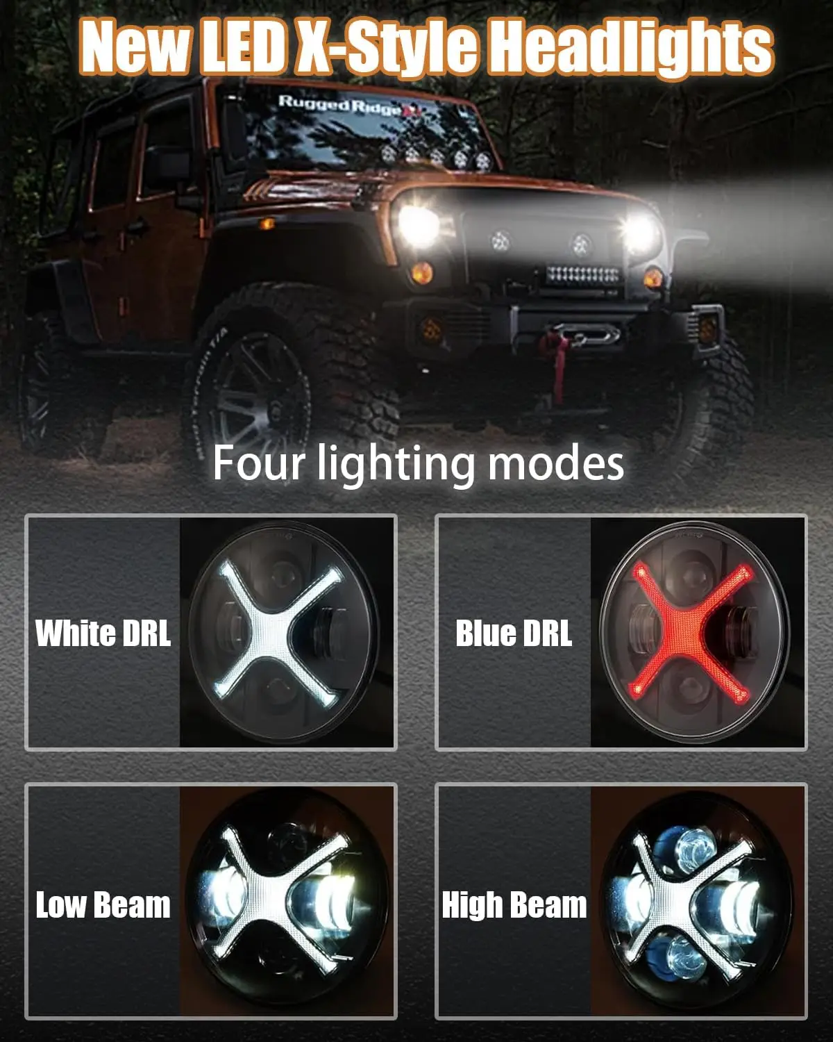 2007-2017 JK JKU TJ LJ Custom 7inch Round LED Headlights with White DRL & Red Turn Signals
2007-2017 JK JKU TJ LJ Custom 7inch Round LED Headlights with White DRL & Red Turn Signals