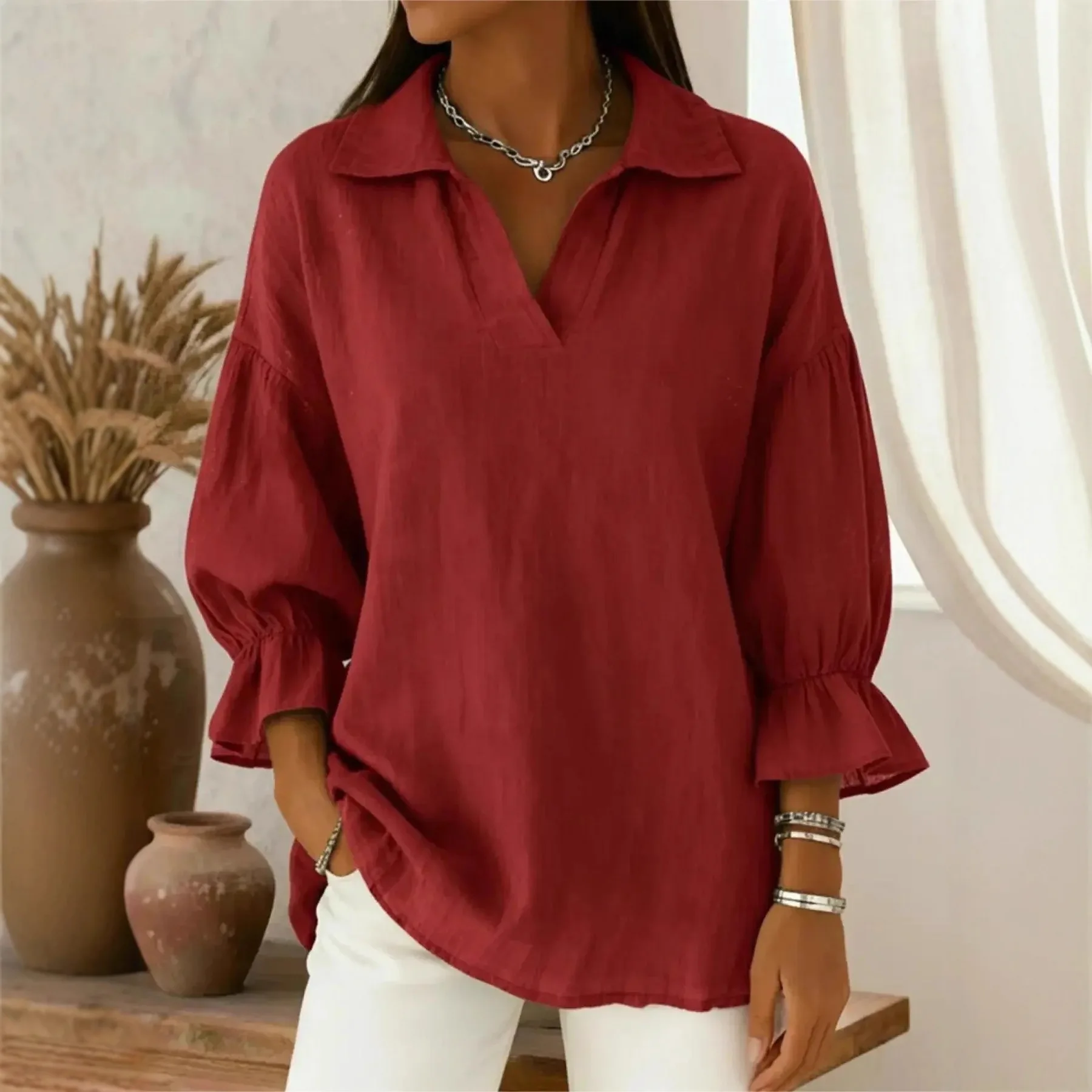 Linen Polo Shirt with Lantern Sleeves 2026 Vintage Loose 3/4 Sleeve Blouse Women's Casual Summer Top Breathable Fabric Day Out
Linen Polo Shirt with Lantern Sleeves 2026 Vintage Loose 3/4 Sleeve Blouse Women's Casual Summer Top Breathable Fabric Day Out