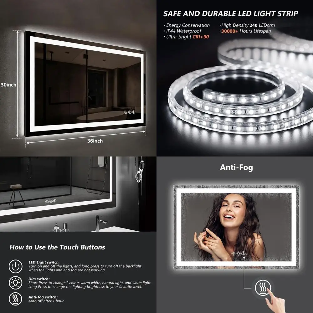 36 x 30 LED-Illuminated Bathroom Mirror with Anti-Fog, 3-Color Dimmable Light, Silver
36 x 30 LED-Illuminated Bathroom Mirror with Anti-Fog, 3-Color Dimmable Light, Silver