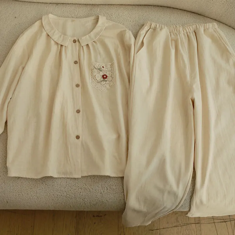 Женский пижамный комплект из 2 предметов, одежда для сна из натурального хлопка и льна, милая домашняя одежда с карманами и вышивкой в японском стиле, домашняя одежда с длинными рукавами
Женский пижамный комплект из 2 предметов, одежда для сна из натурального хлопка и льна, милая домашняя одежда с карманами и вышивкой в японском стиле, домашняя одежда с длинными рукавами