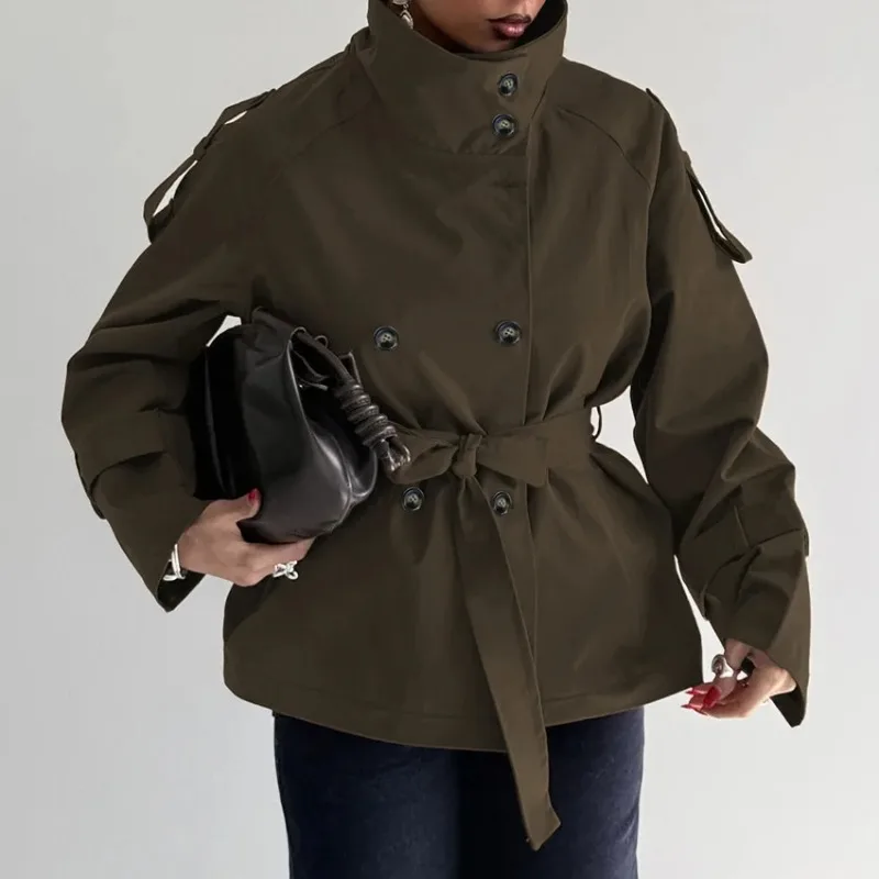 Women Casual Stand Collar Lace Up Trench Coat Chic Full Sleeve Single Breasted Short Windbreaker Spring Lady Commute Wear 2026
Women Casual Stand Collar Lace Up Trench Coat Chic Full Sleeve Single Breasted Short Windbreaker Spring Lady Commute Wear 2026