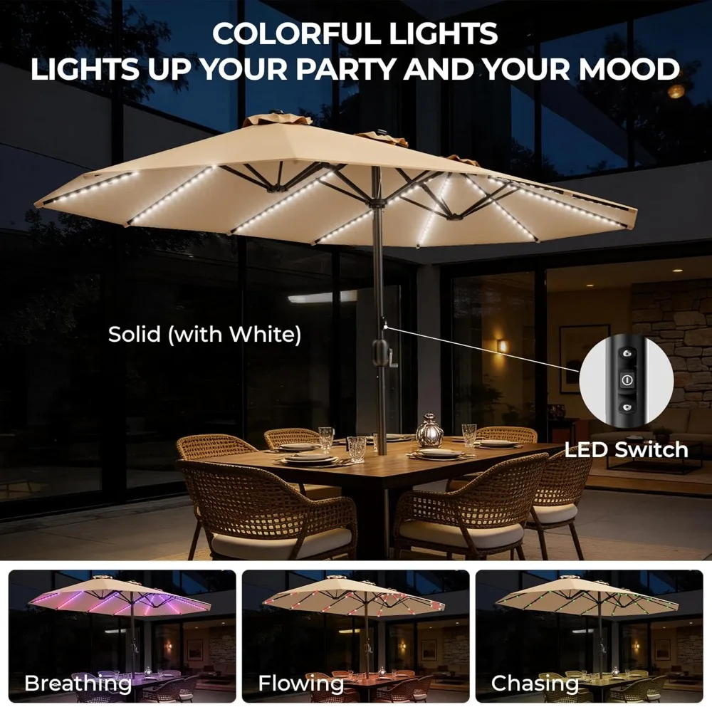 Double Sided Patio Umbrellas with Base - 15ft RGB Multi-Color Flowing LED Lights Outdoor Extra Large Market Table, Customized
Double Sided Patio Umbrellas with Base - 15ft RGB Multi-Color Flowing LED Lights Outdoor Extra Large Market Table, Customized