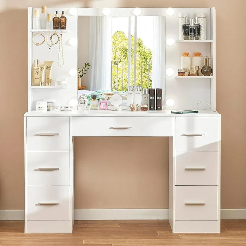 Large Vanity Desk with LED Lighted Mirror & Power Outlet,Makeup Vanity Table with 7 Drawers,4 Shelves and 5 Hooks,Vanity Table
Large Vanity Desk with LED Lighted Mirror & Power Outlet,Makeup Vanity Table with 7 Drawers,4 Shelves and 5 Hooks,Vanity Table