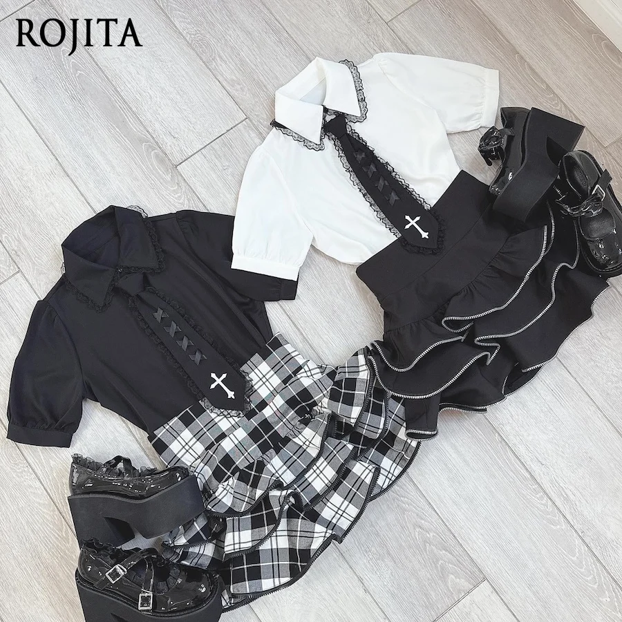 Japanese Mine Tie Cross Strap Cross Embroidered Tie Lace Short Sleeve Shirt Women Tops Summer New Black White Shirts Y2k Top
Japanese Mine Tie Cross Strap Cross Embroidered Tie Lace Short Sleeve Shirt Women Tops Summer New Black White Shirts Y2k Top