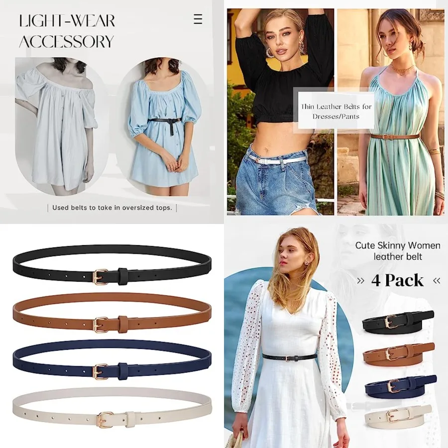 4 Pack Skinny Women Leather Belt for Dresses Thin Waist Belt for Jeans Pants with Gold Buckle,Fit waist size 26"-31",A-black+brown+navy Blue+beige
4 Pack Skinny Women Leather Belt for Dresses Thin Waist Belt for Jeans Pants with Gold Buckle,Fit waist size 26"-31",A-black+brown+navy Blue+beige