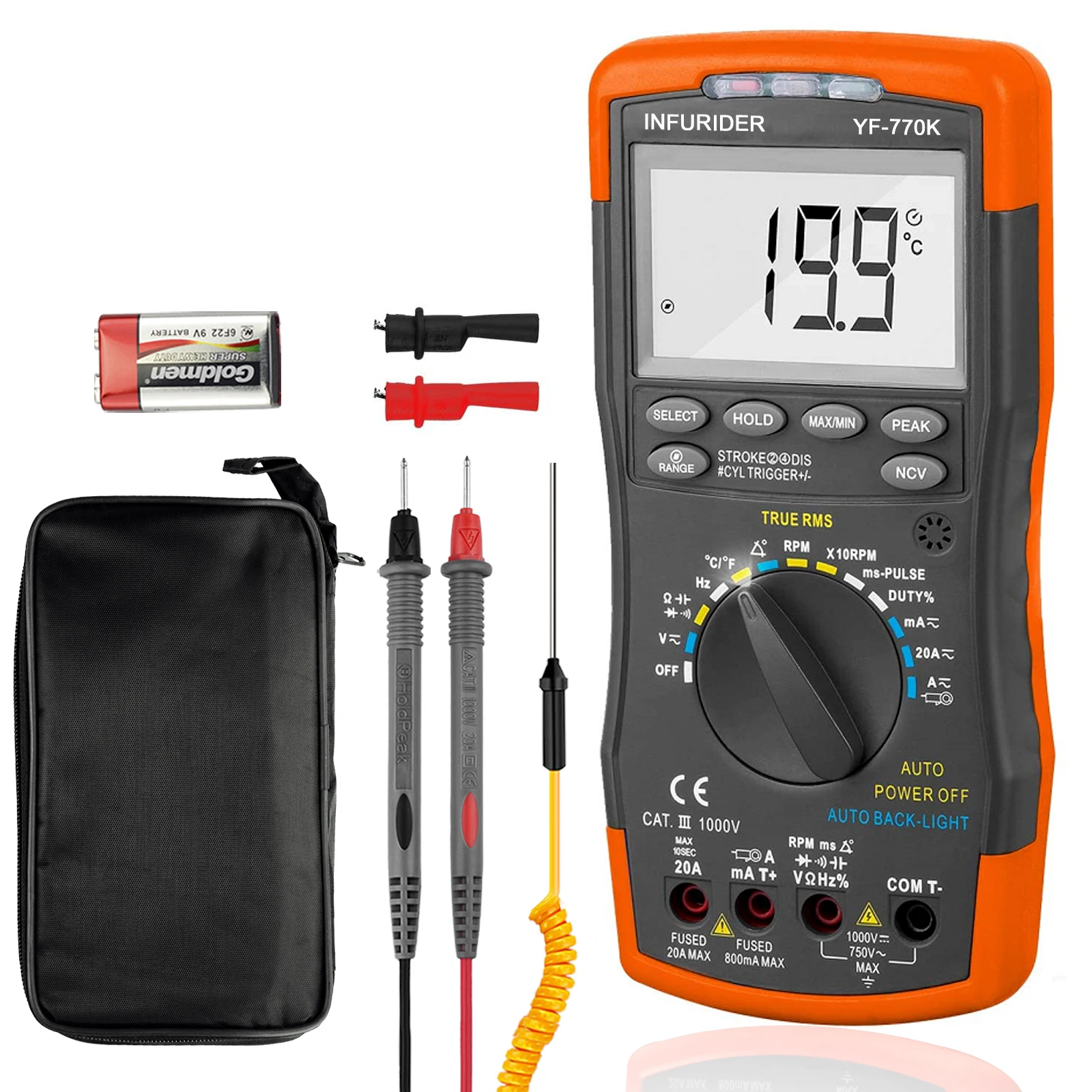 770K Automotive Multimeter 6000 Counts True RMS Auto Range Car Diagnostic Tool RPM Dwell NCV Sensor Tester for Auto Repair
770K Automotive Multimeter 6000 Counts True RMS Auto Range Car Diagnostic Tool RPM Dwell NCV Sensor Tester for Auto Repair