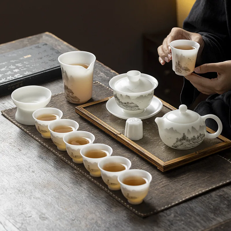Dehua pure jade Xishi pot cover bowl high-grade suet jade porcelain tea set Dehua white porcelain pure hand-painted landscape
Dehua pure jade Xishi pot cover bowl high-grade suet jade porcelain tea set Dehua white porcelain pure hand-painted landscape