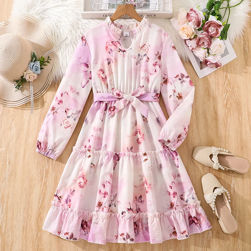 Girls 8-12 Pink Floral Long Sleeve Dress, V-Neck with Belt, Flowy Tiered Hem, Elegant & Fresh for Daily Wear
Girls 8-12 Pink Floral Long Sleeve Dress, V-Neck with Belt, Flowy Tiered Hem, Elegant & Fresh for Daily Wear