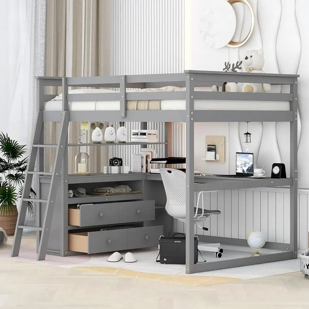 Grey Wood Storage Bed with Desk, Shelves, and Guardrails for Kids, Teens, and Adults - Space-Saving Design
Grey Wood Storage Bed with Desk, Shelves, and Guardrails for Kids, Teens, and Adults - Space-Saving Design