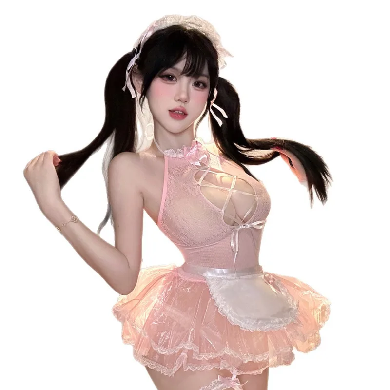 Sexy Hot Maid Uniform Hollow-out Lace Transparent Dress For Woman Hanging Neck Off-the-shoulder Nightclub Wear Dress Sweet TBHM
Sexy Hot Maid Uniform Hollow-out Lace Transparent Dress For Woman Hanging Neck Off-the-shoulder Nightclub Wear Dress Sweet TBHM