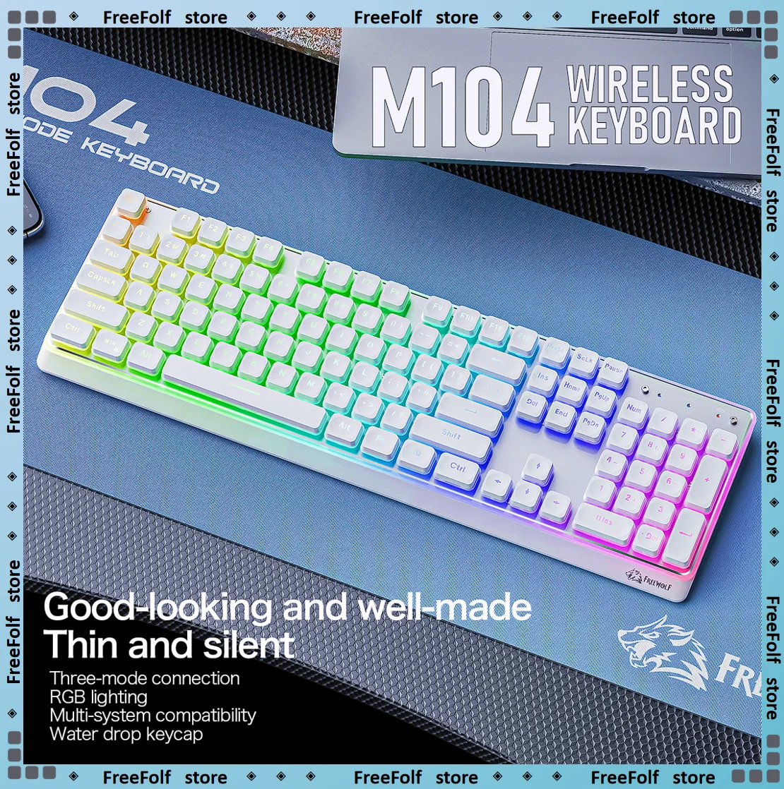 M104 Wireless Keyboard Slim & silent, with tri-mode, RGB,and long-lasting battery,Windows/Android/iOS/Mac
M104 Wireless Keyboard Slim & silent, with tri-mode, RGB,and long-lasting battery,Windows/Android/iOS/Mac