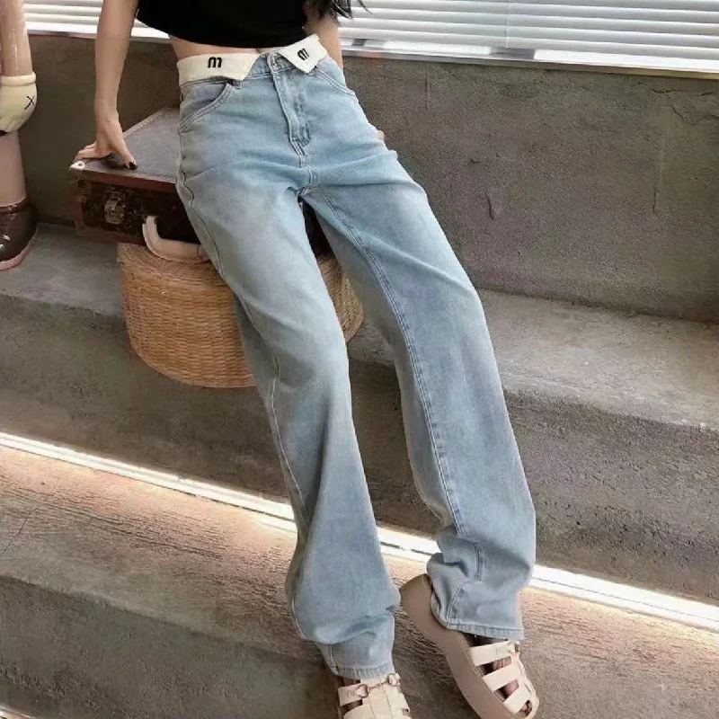 Trousers Blue Straight Tube Wide Leg Casual Washed Denim Pants Luxury Brand White Lapel Letter Design Jeans Women High Waisted
Trousers Blue Straight Tube Wide Leg Casual Washed Denim Pants Luxury Brand White Lapel Letter Design Jeans Women High Waisted