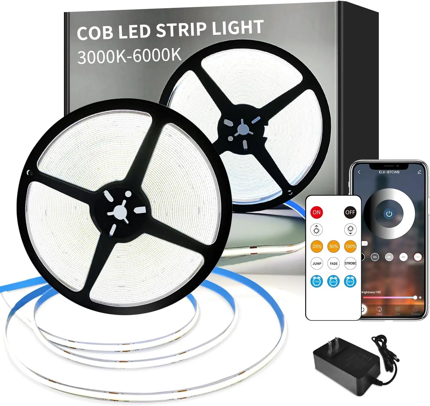 COB LED Strip Lights 6000K 65.6ft DC 24V Dimmable White Flexible LED Tape Light for Bedroom, with Remote and app Control LED
COB LED Strip Lights 6000K 65.6ft DC 24V Dimmable White Flexible LED Tape Light for Bedroom, with Remote and app Control LED