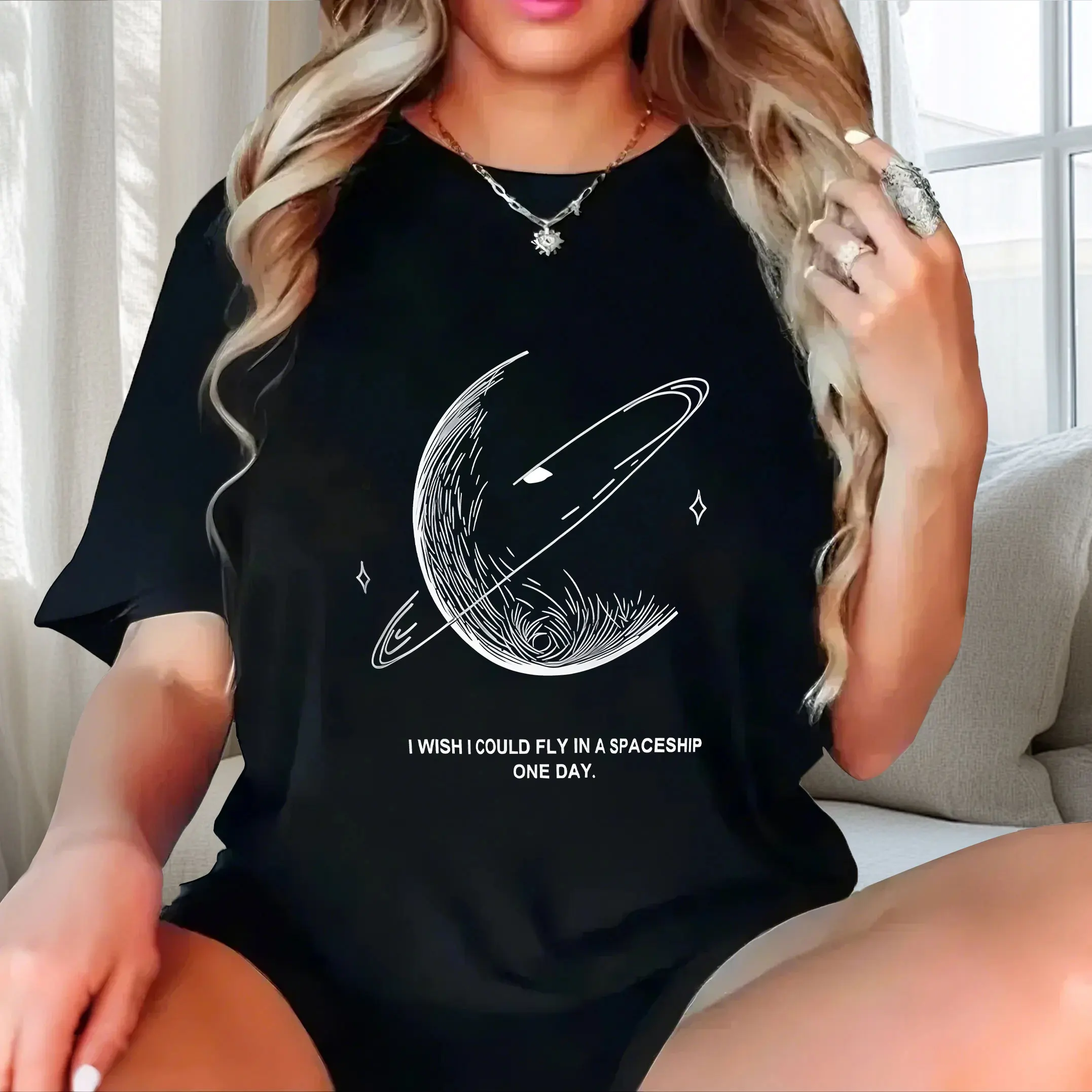 English+Half Moon Print Fashion Personality plus size Ladies' casual short sleeved T-shirt black
English+Half Moon Print Fashion Personality plus size Ladies' casual short sleeved T-shirt black