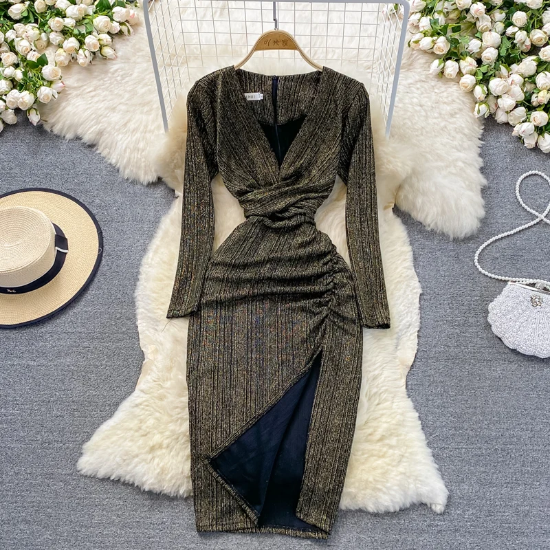 Spring Women Sexy Bodycon Dress Female Elegant Low V-Neck Long Sleeve Robe Femme Draped Split Bright Silk Party Sheath Vestidos
Spring Women Sexy Bodycon Dress Female Elegant Low V-Neck Long Sleeve Robe Femme Draped Split Bright Silk Party Sheath Vestidos