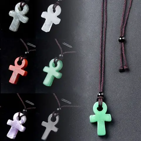 Ancient Egyptian Ankh Cross Engraved Natural Agate Stone Amulet Pendant Necklace Adjustable Wave Necklaces Unisex NaturalCrystal