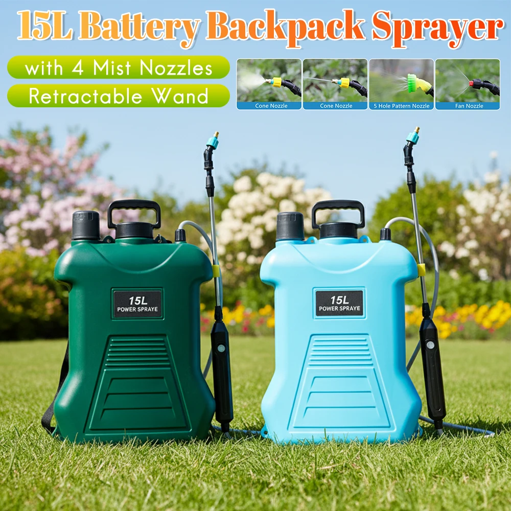 4 Gallon/15L Battery Backpack Sprayer with 4 Mist Nozzles Retractable Wand Cordless Electric Sprayer with Shoulder Strap
4 Gallon/15L Battery Backpack Sprayer with 4 Mist Nozzles Retractable Wand Cordless Electric Sprayer with Shoulder Strap