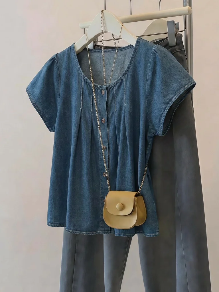 Slim Fit Denim Short Sleeve Shirt Women's Summer New Large Size Sweet And Salty Style Korean Version Commute Wind round Neck
Slim Fit Denim Short Sleeve Shirt Women's Summer New Large Size Sweet And Salty Style Korean Version Commute Wind round Neck
