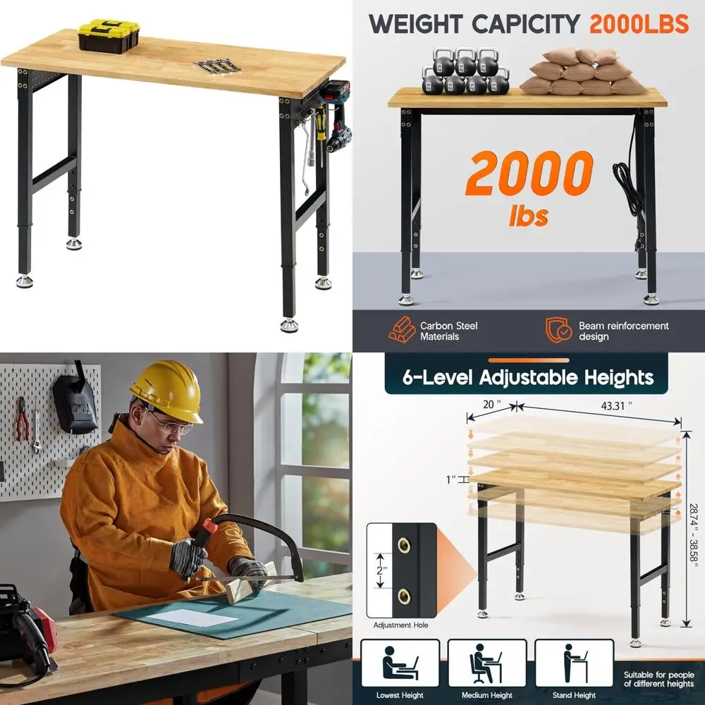 Сверхмощный регулируемый верстак 44x20 с розетками, емкостью 2000 фунтов, верхняя часть из массива каучукового дерева, деревянный верстак с крючками
Сверхмощный регулируемый верстак 44x20 с розетками, емкостью 2000 фунтов, верхняя часть из массива каучукового дерева, деревянный верстак с крючками