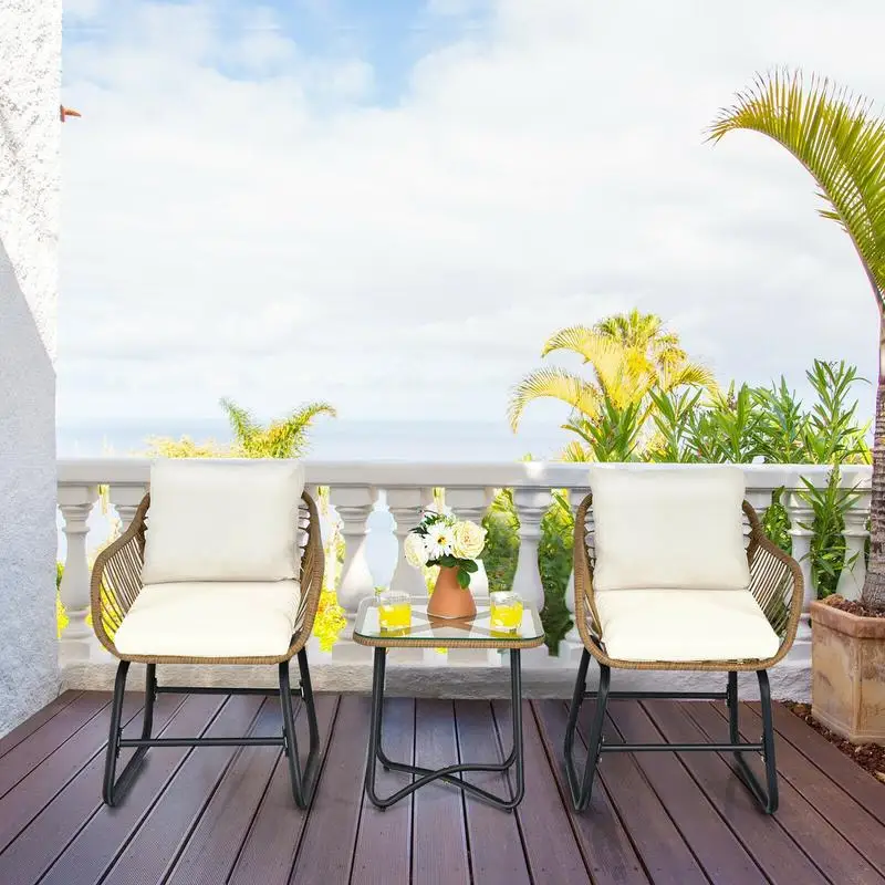 3-Piece Patio Bistro Set with 2 Rattan Chairs and Square Glass Coffee Table-White
3-Piece Patio Bistro Set with 2 Rattan Chairs and Square Glass Coffee Table-White